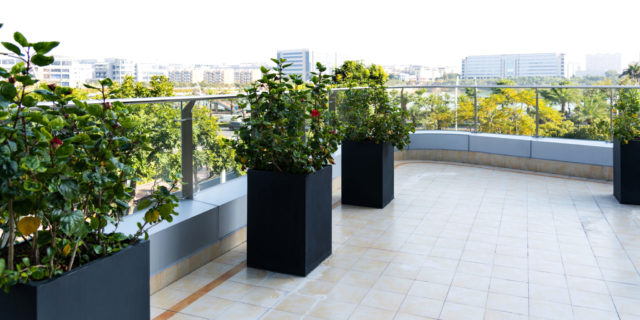 Modern apartment balcony with potted plants.